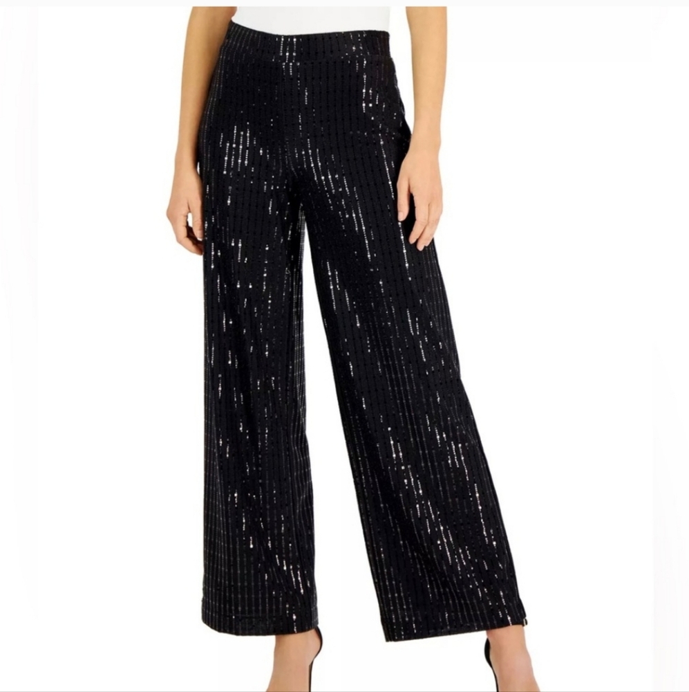 ANNE KLEIN Elegant Black Sequin Women's Wide Leg Pants Sz L NWT